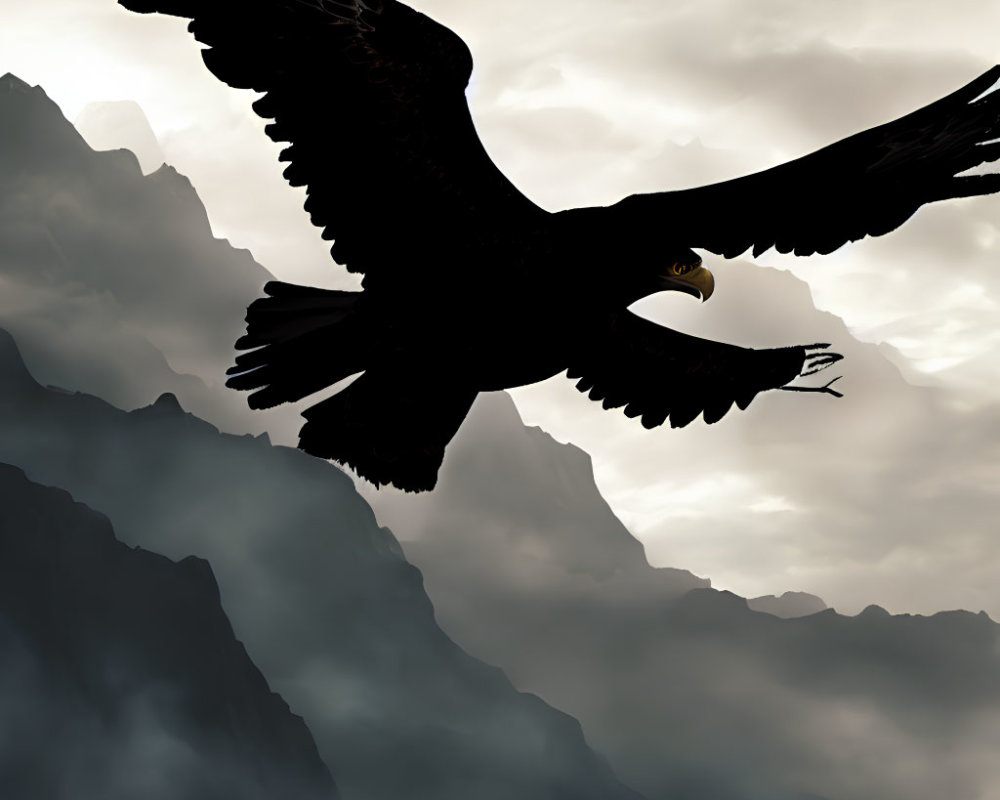 Eagle silhouette flying over misty mountains and cloudy sky