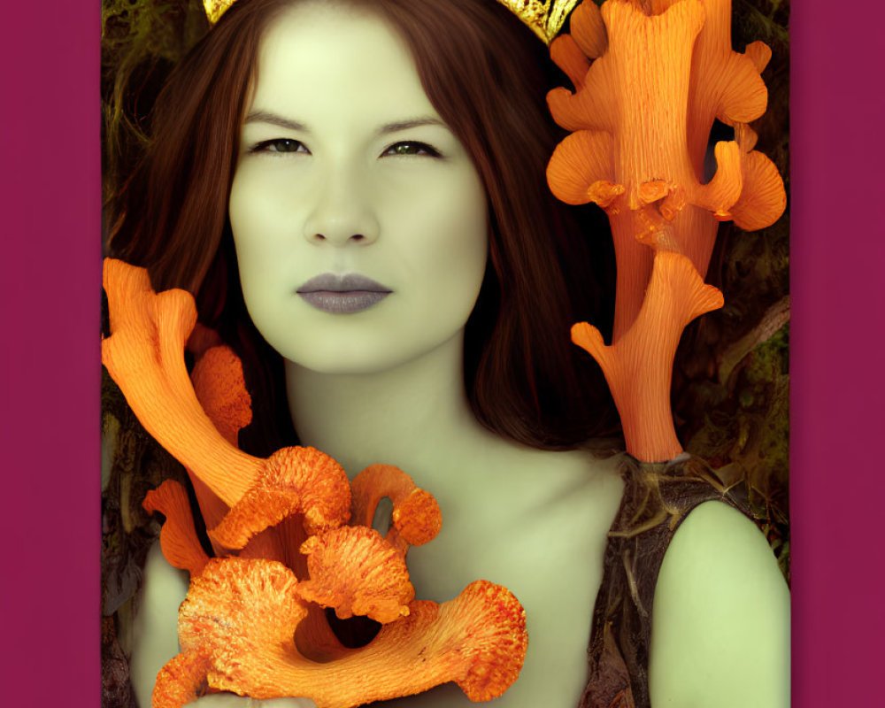 Woman with Crown Poses Among Orange Coral on Purple Background