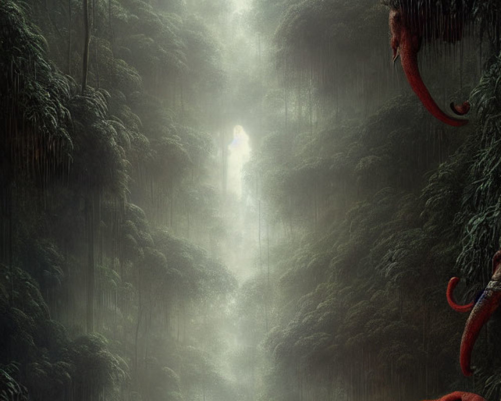 Mystical forest with fog, towering trees, and red elephants in dense green foliage