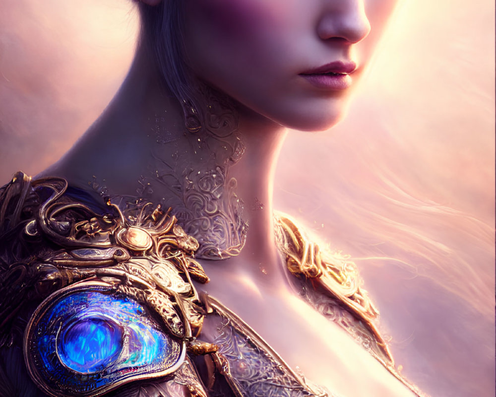 Fantasy digital artwork of a woman in ornate crown and armor