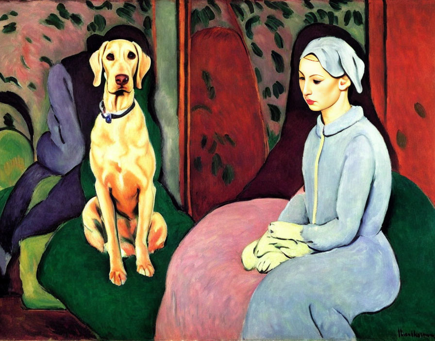 Seated Woman in Blue with Yellow Dog on Pink Couch Painting