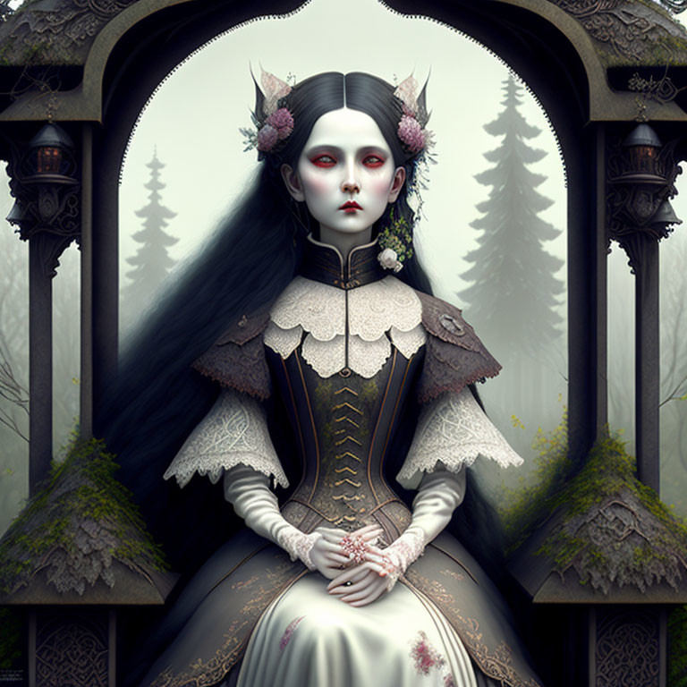 Pale woman with red eyes in Victorian dress in mystical forest