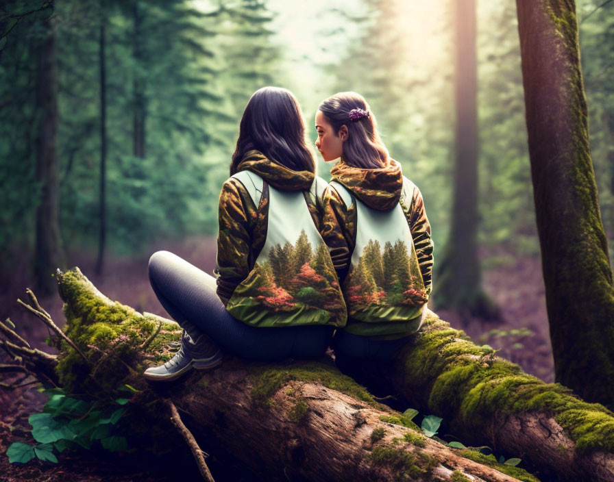 Two individuals in matching forest-print hoodies sitting back-to-back on fallen tree in lush forest.