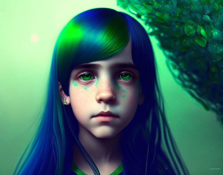 Vibrant digital artwork of girl with green eyes and blue hair