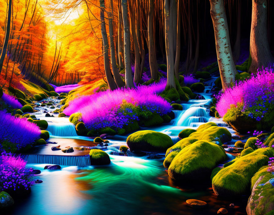 Surreal landscape with luminous river, moss-covered rocks, purple flora, and autumn trees.