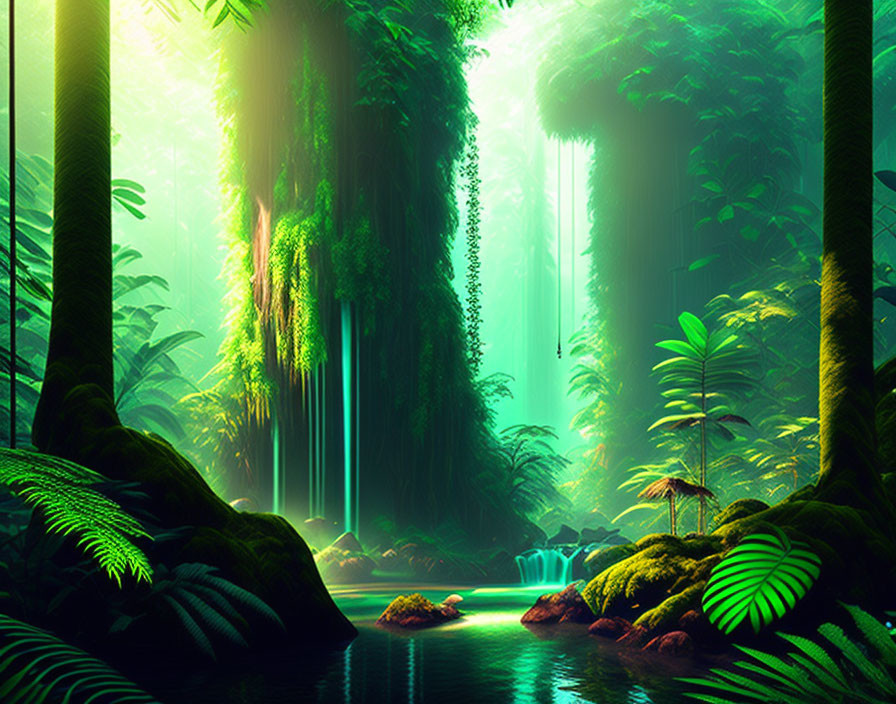 Mystical forest with green vegetation, sunbeams, and tranquil river