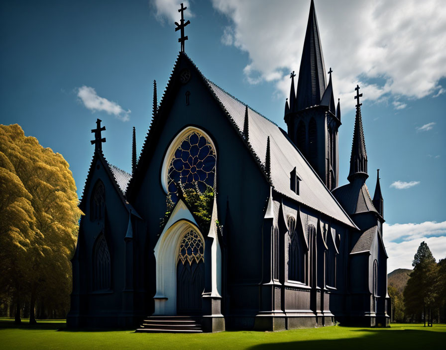 Gothic-style black church with pointed arches and spires in natural setting