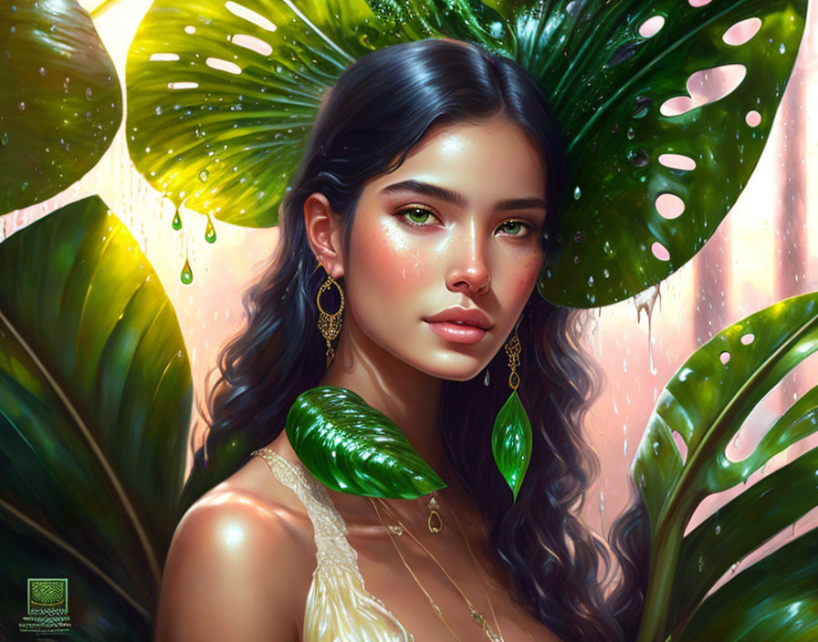 Portrait of woman with green leaves, water droplets, dewy skin, dark hair, and gold