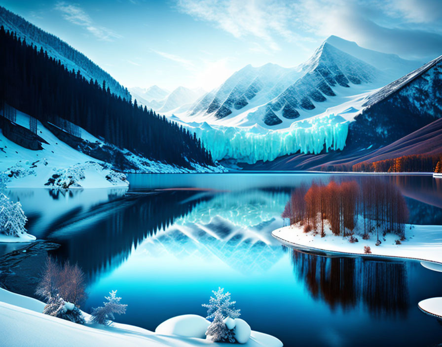 Snowy Winter Landscape: Blue Lake, Snow-Covered Trees, Frozen Waterfall