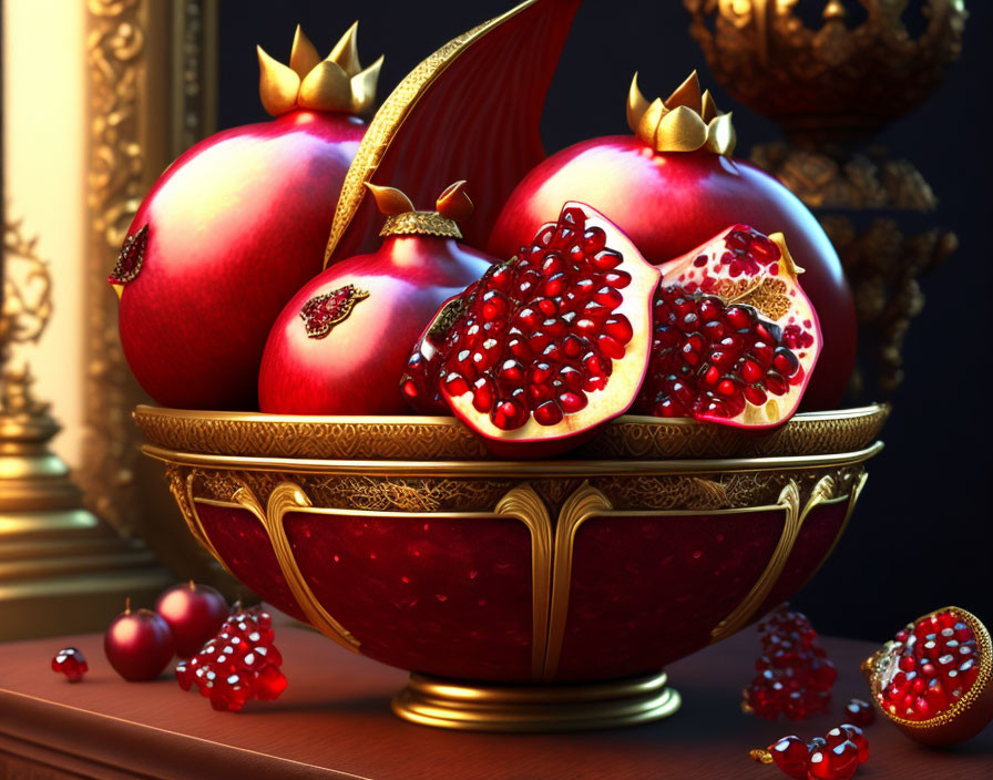 Golden jeweled bowl with ripe pomegranates and seeds on rich surface