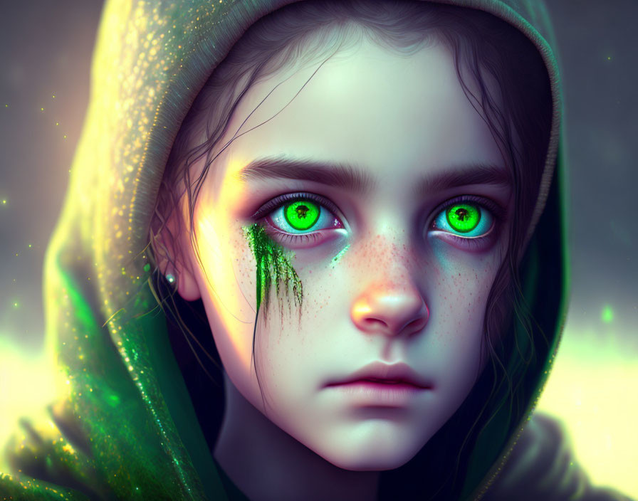 Digital artwork: Young girl with green eyes, freckles, hood, glowing plant design on cheek