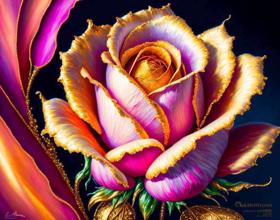 Colorful rose painting with golden edges on dark background