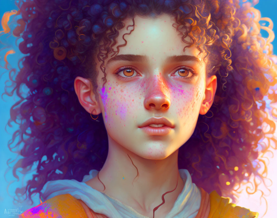 Digital portrait featuring person with curly hair, freckles, and prominent ears in serene blue setting