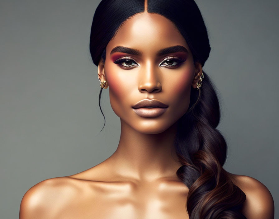 Woman with elegant makeup and sleek hair against neutral background