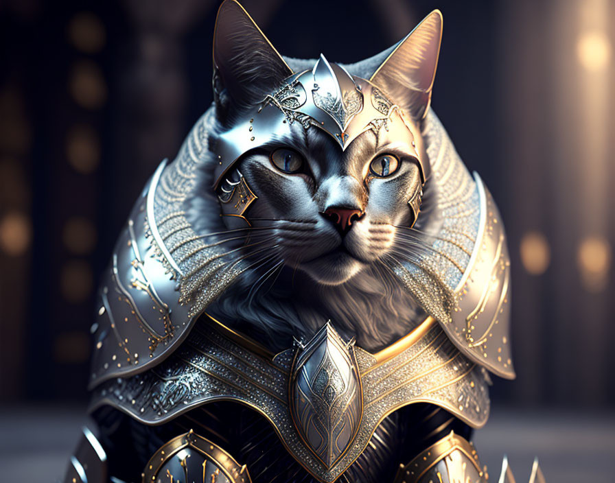 Regal cat in silver and gold armor for fantasy battle