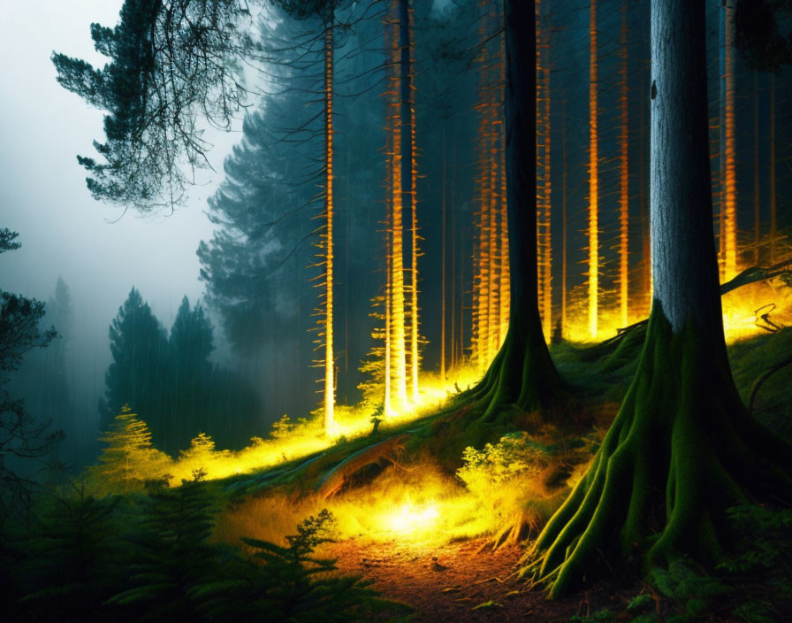 Sunbeams illuminate mystical forest with golden glow