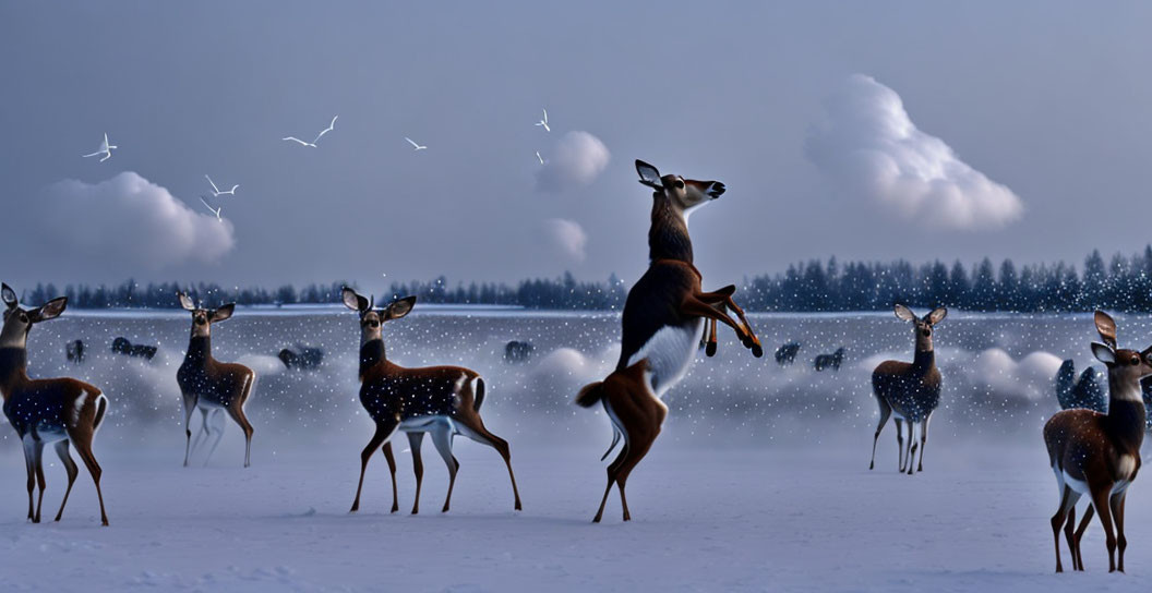 Deer herd in snowy landscape at dusk with leaping deer & flying birds