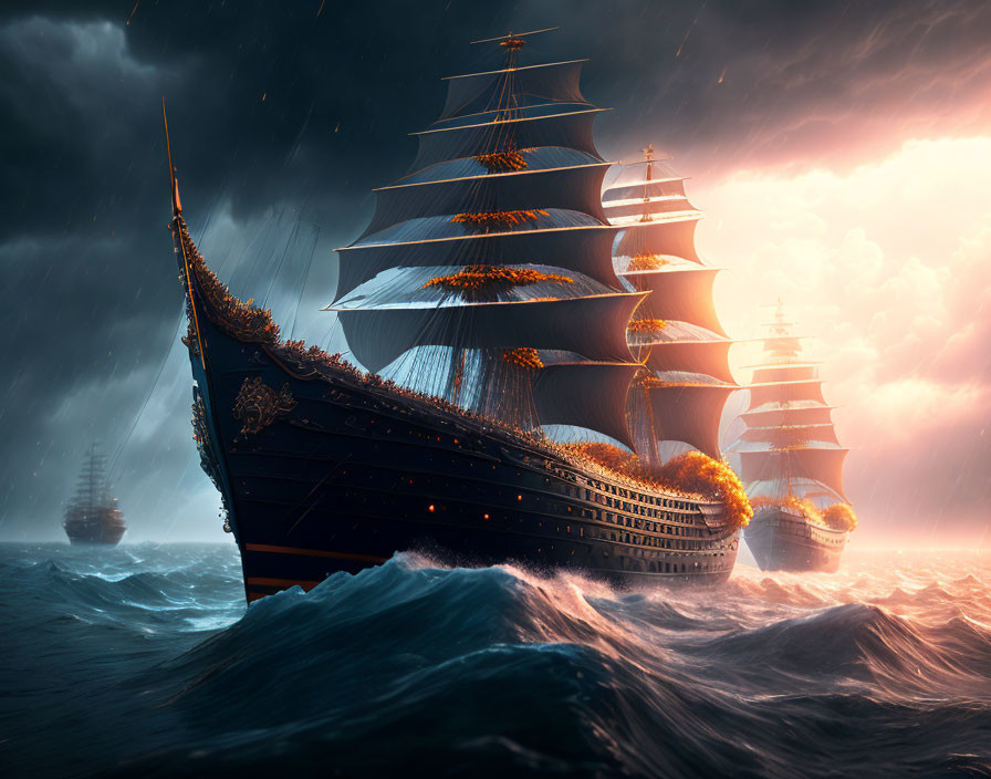 Tall Ships Sailing on Stormy Seas with Lightning Sky