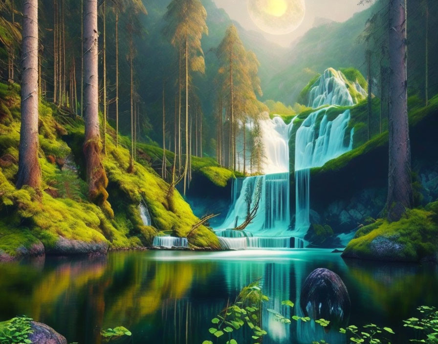 Tranquil forest pool with serene waterfall at night