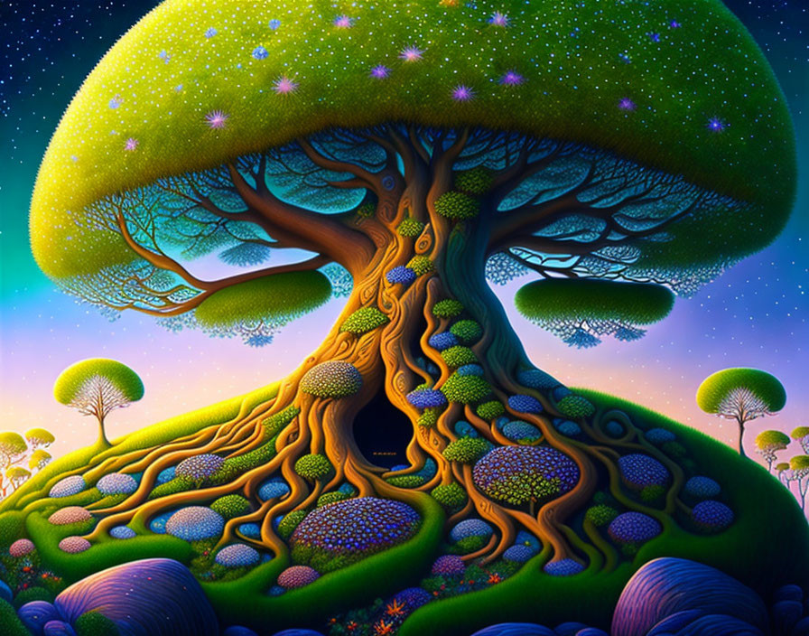 Colorful whimsical artwork: Magical tree with glowing star canopy