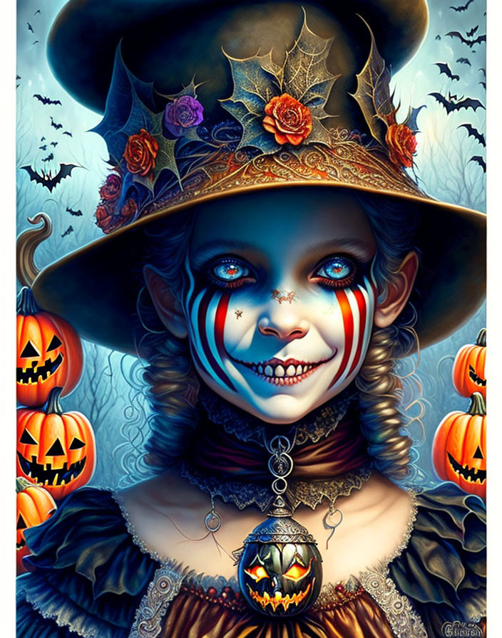 Girl with clown makeup and witch hat surrounded by Halloween pumpkins and bats