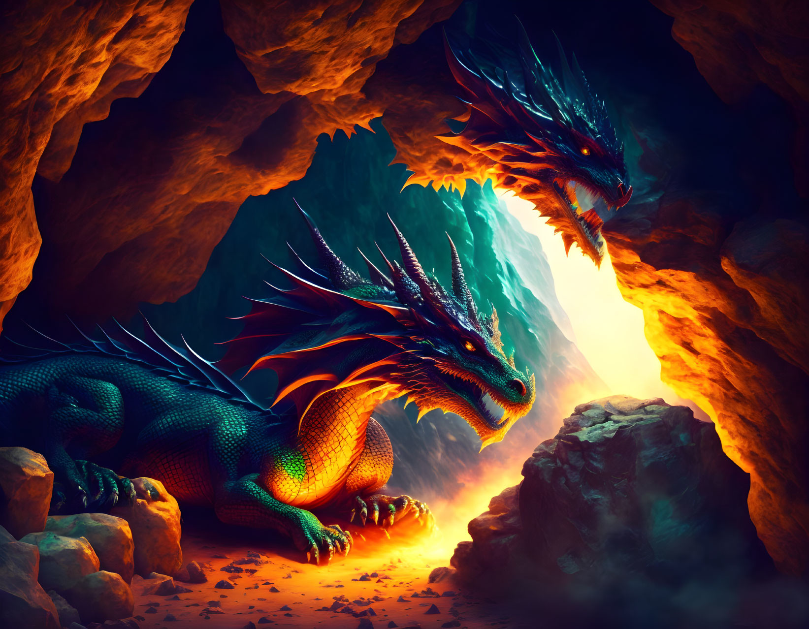 Vibrant dragons in cave with glowing lava and rocky terrain