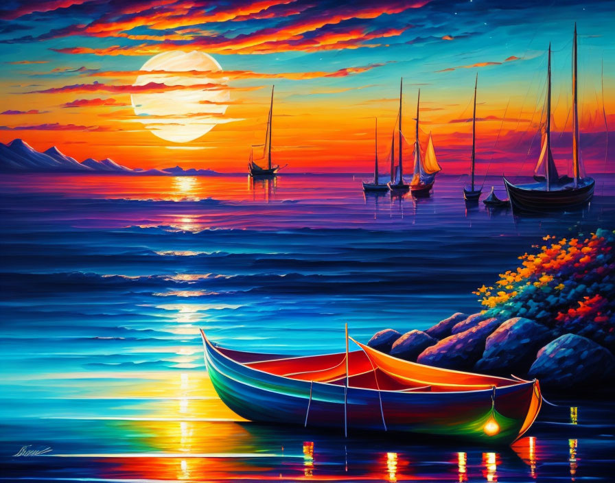 Colorful sunset sailboats painting with large sun, serene water, and vibrant skies