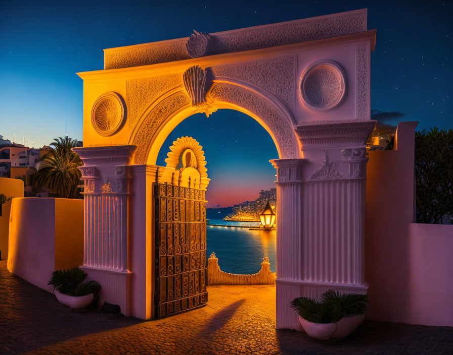 Intricate White Archway Overlooking Seaside Twilight Sky