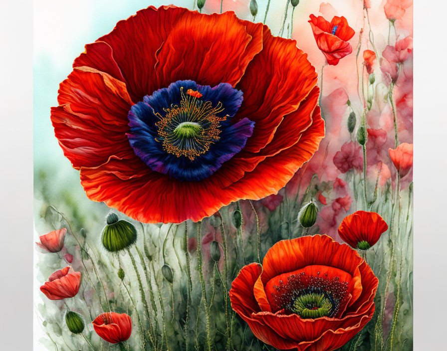 Vibrant red poppies painting with prominent bloom and soft greenery background