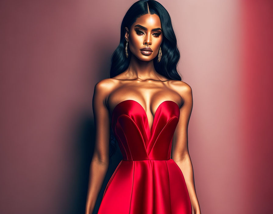 Dark-haired woman in red strapless gown exudes glamour against pink background