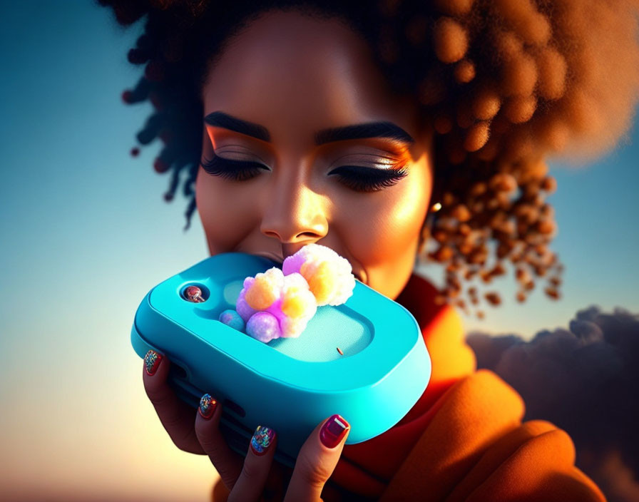 Curly-haired woman smelling soap bar with vibrant nail art on warm backdrop