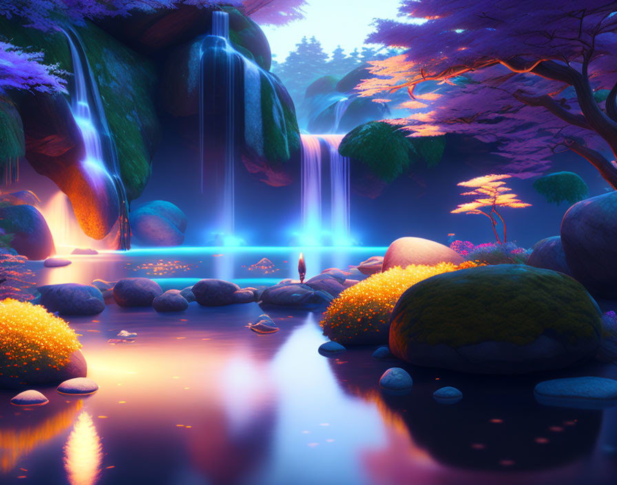 Tranquil digital landscape with waterfalls, glowing flora, purple hues, and reflective water