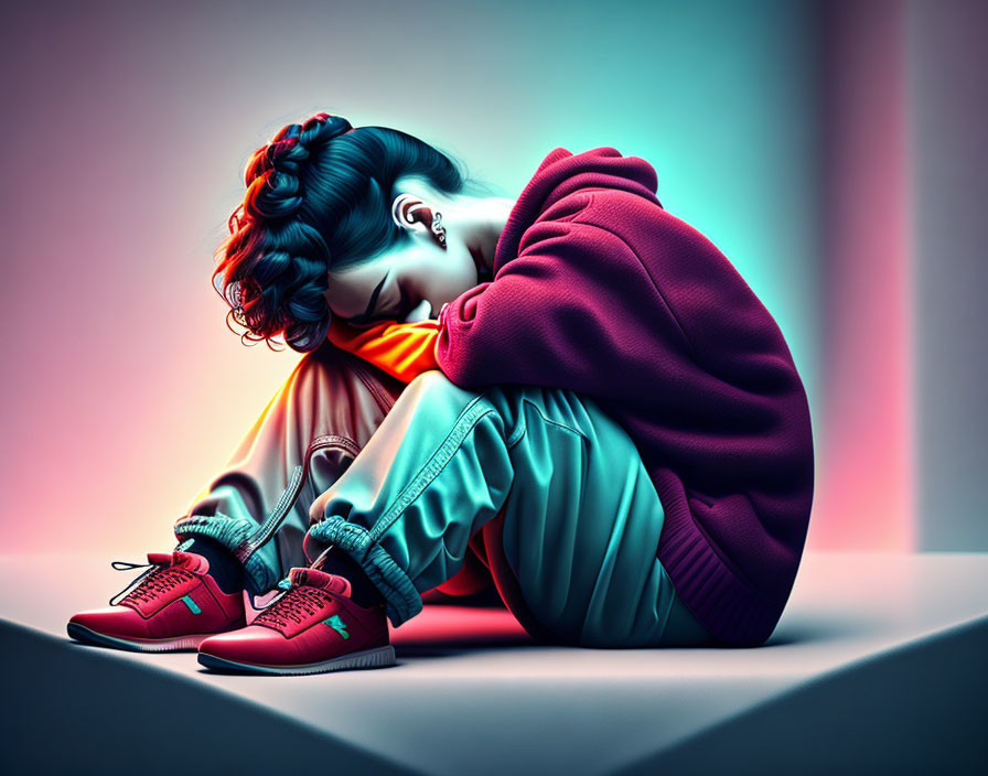 Vibrant digital artwork: person with ponytail, headphones, hoodie, and sneakers sitting with knees