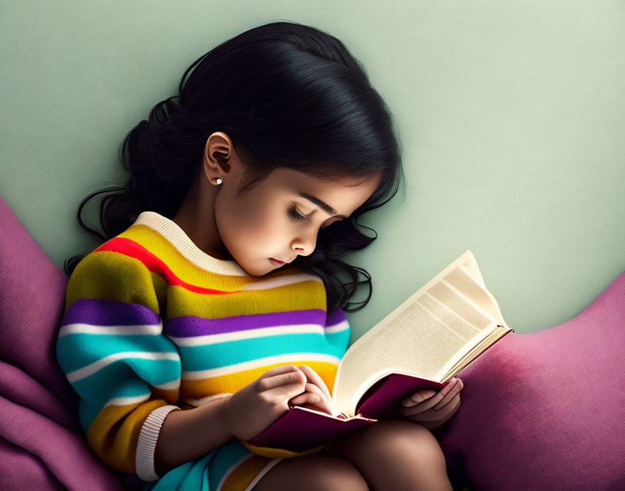 Dark-haired girl reading book in colorful striped sweater on soft green background