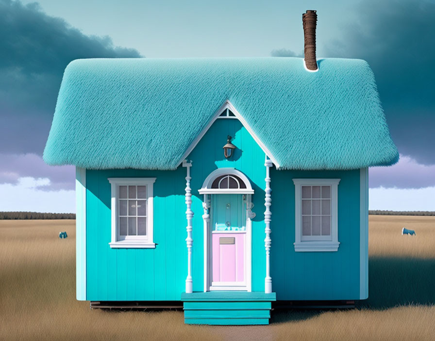 Turquoise whimsical house with grass-like roof and ornate details