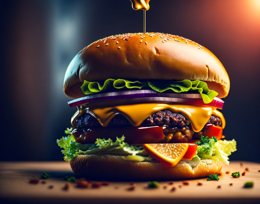 Succulent Double Cheeseburger with Fresh Ingredients on Wooden Surface