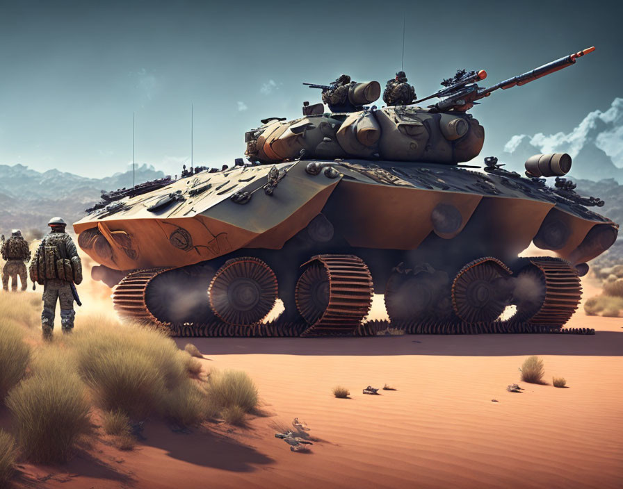 Futuristic tank with large tread wheels in desert landscape