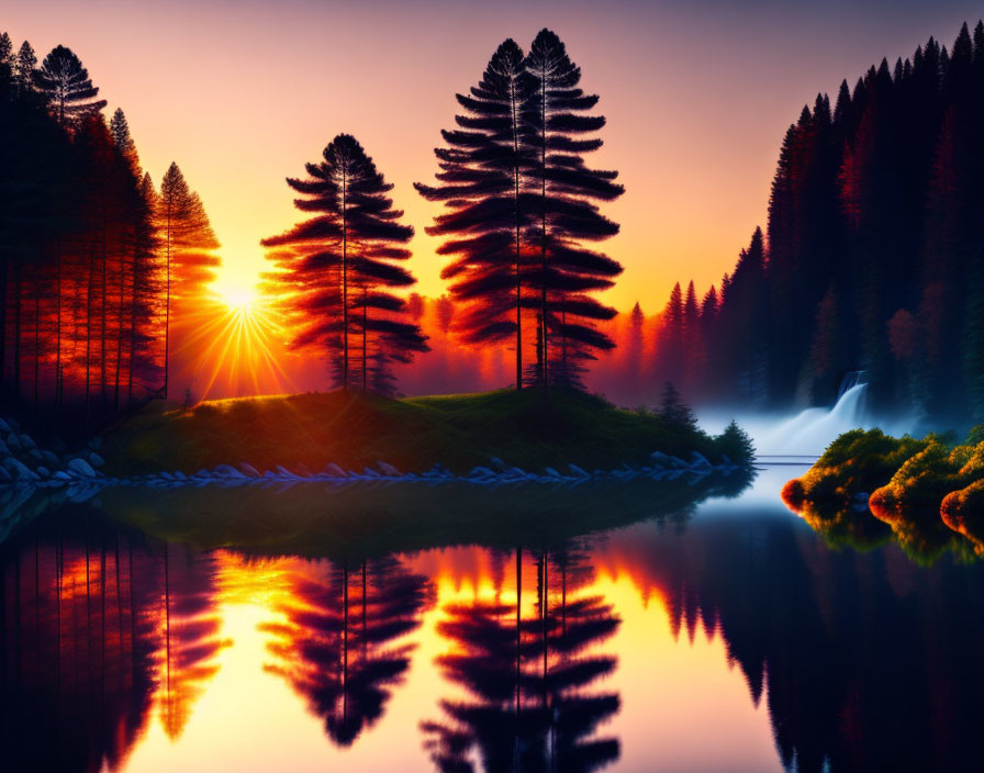 Tranquil lake at sunset with tree reflections and distant waterfall