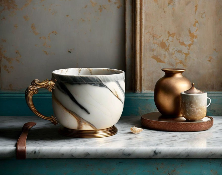 Marble Cup, Gold-handled Cup, Bronze Pitcher on Marble Surface