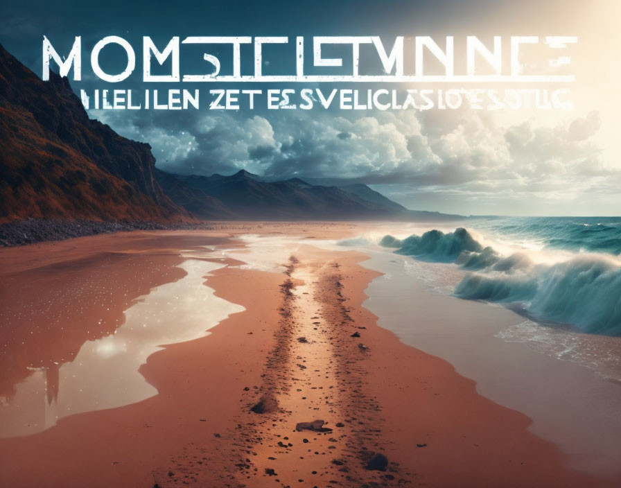 Reflective Wet Sand Beach with Waves, Mountains, and Dramatic Sky with Translucent Text