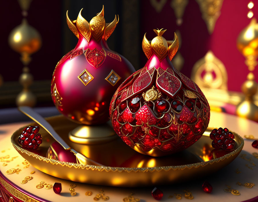 Exquisite Red and Gold Jeweled Fabergé Eggs on Ornate Stand