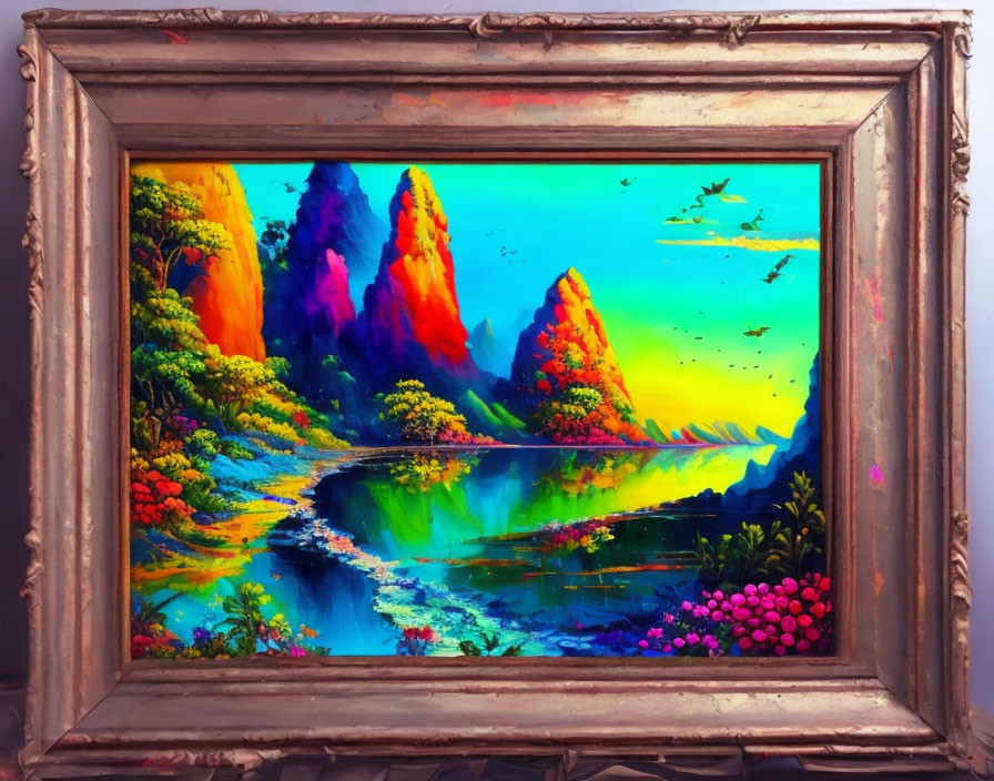 Colorful Landscape Painting with River, Trees, and Birds in Ornate Frame