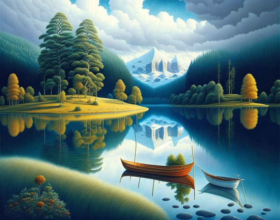 Tranquil landscape with two boats on a reflective lake