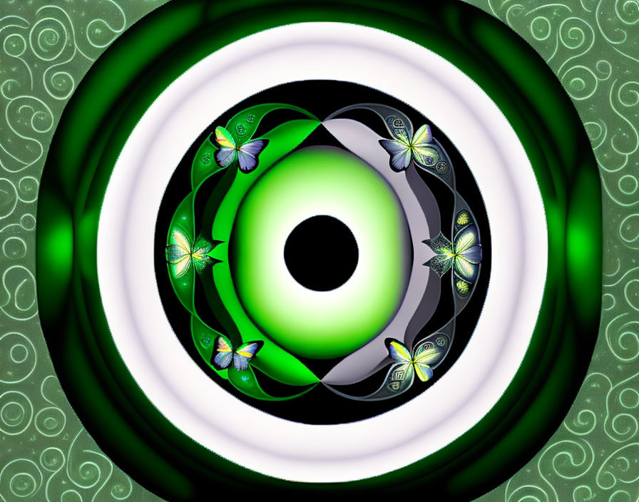 Green and Black Concentric Circles with Butterfly Motifs: Hypnotic Optical Illusion