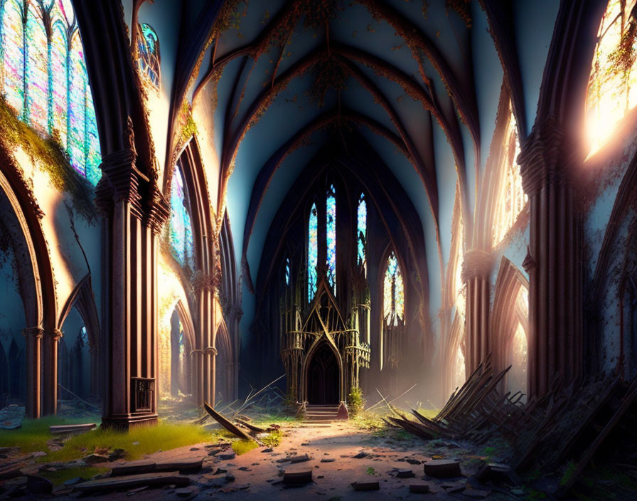 Abandoned Gothic cathedral with sunlight through stained-glass windows