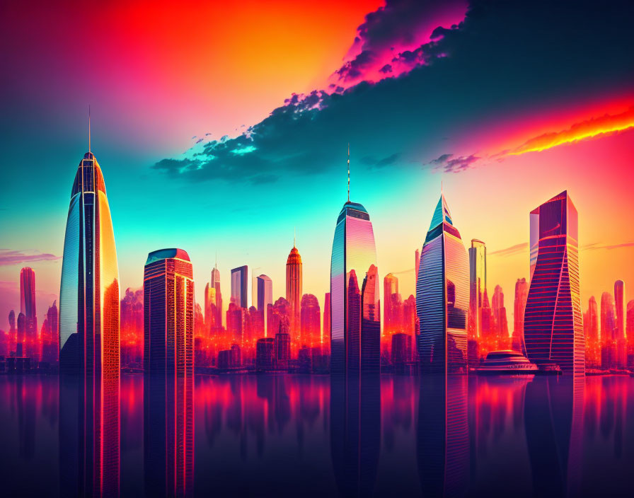 Colorful cityscape with skyscrapers reflecting on water at sunset