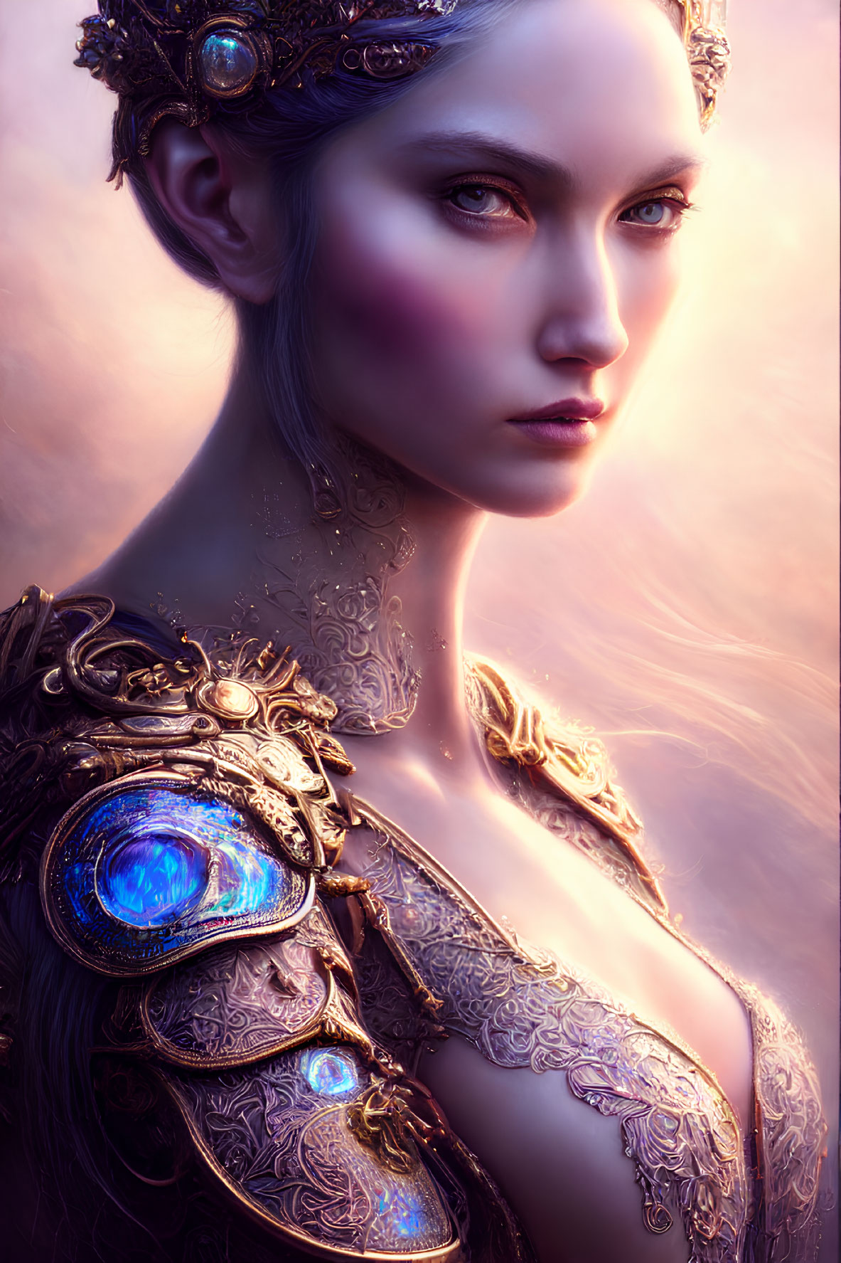 Fantasy digital artwork of a woman in ornate crown and armor