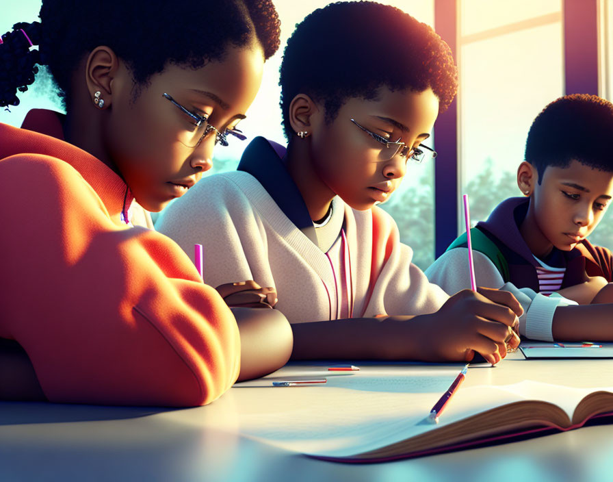 Three children writing notes in a sunlit room