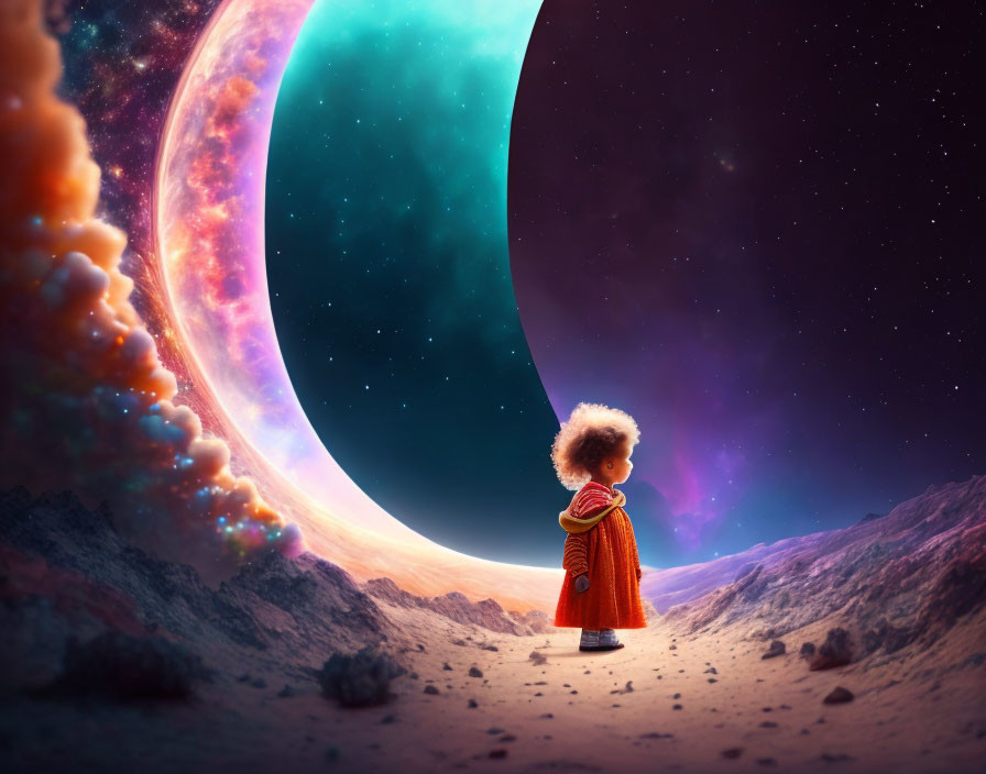 Child in red cloak gazes at large planet with rings on rocky terrain