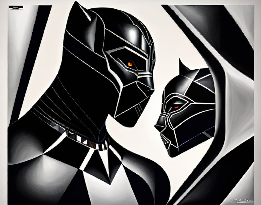 Abstract Black Panther character art: stylized, face-to-face contrast with light and shadows.